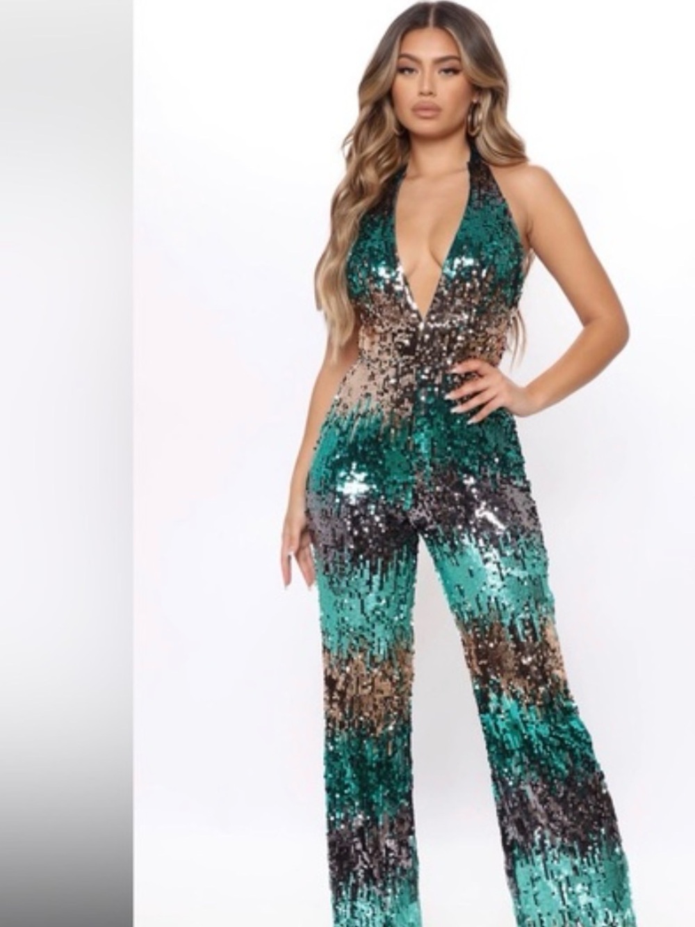 NWT Fashion Nova Night Shimmer Sequin Jumpsuit - Teal Green Ombre - XS